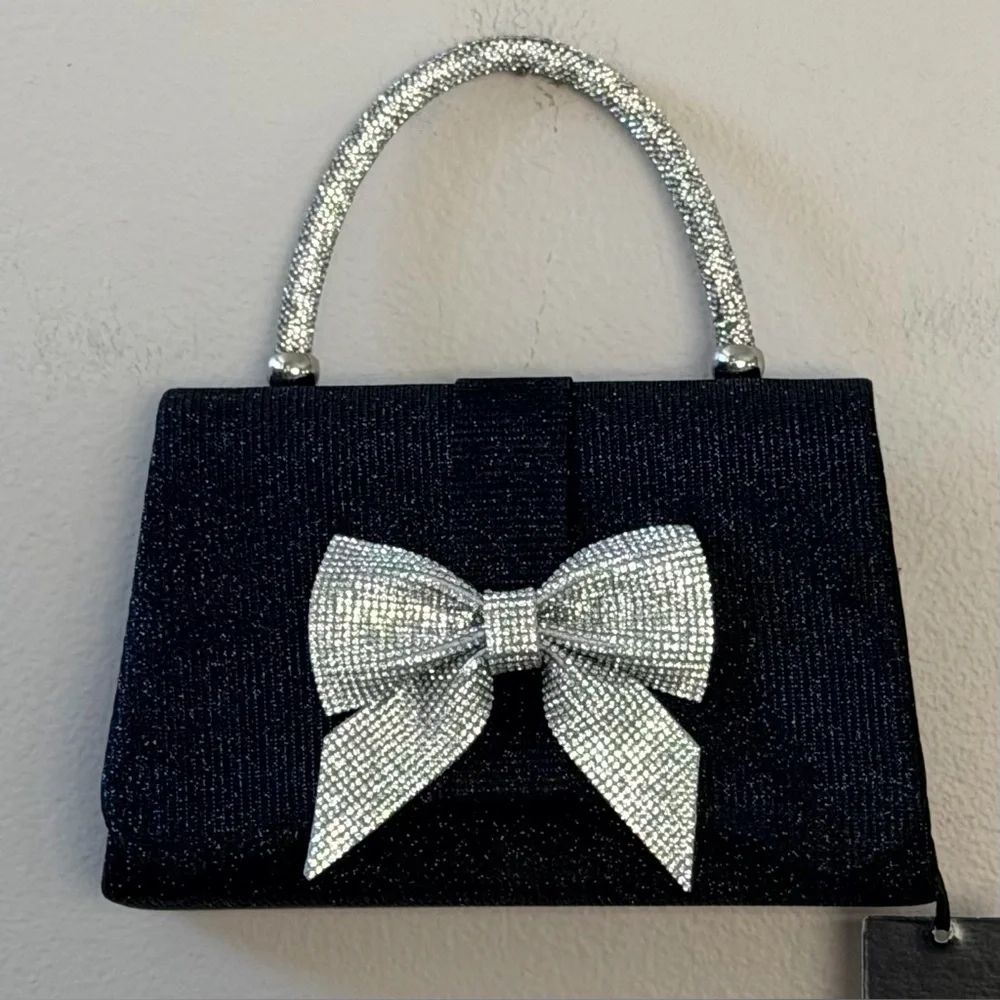 Sincerely Jules Black Evening Bag with Rhinestone Bow & Handle